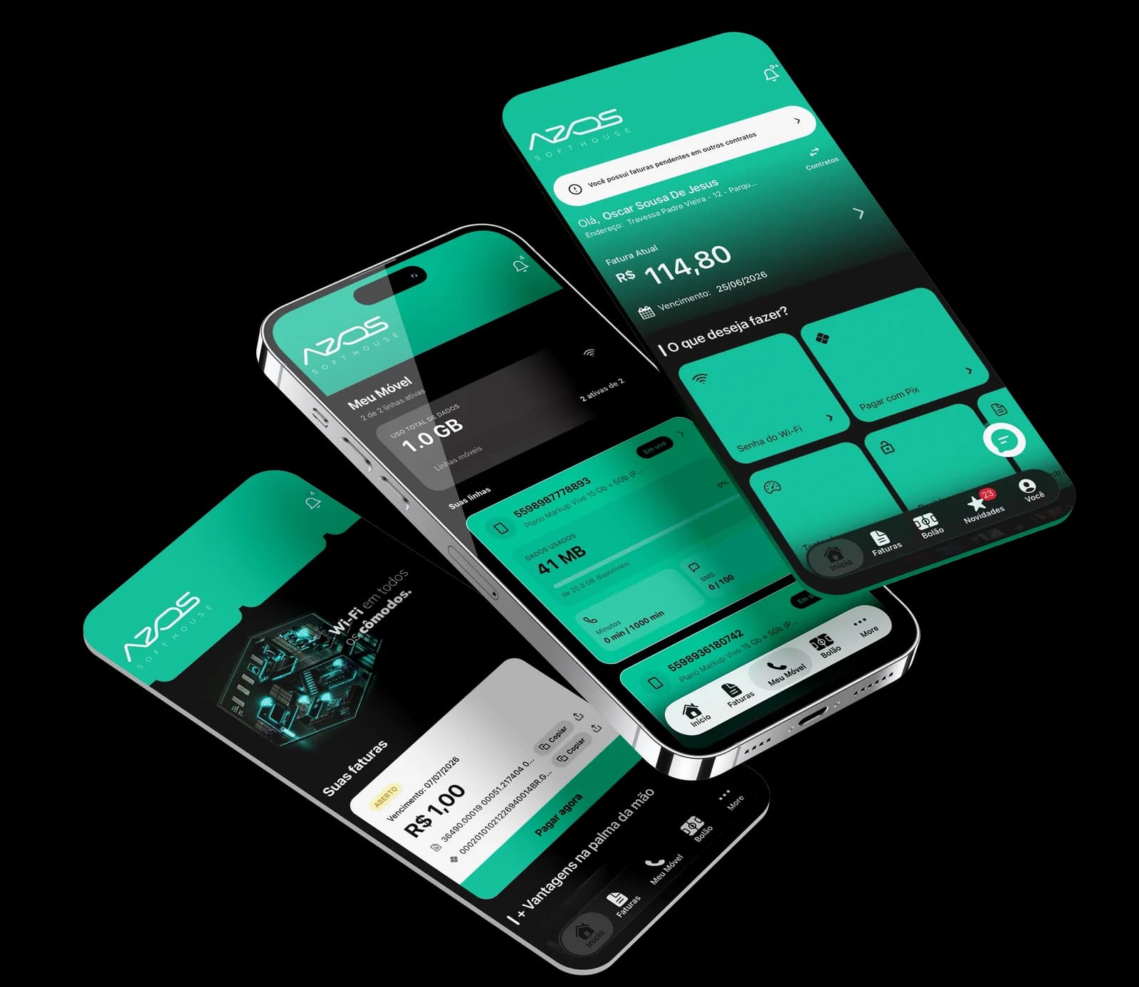Telas do SuperApp no celular com fatura atual, linhas móveis e pagamento via Pix