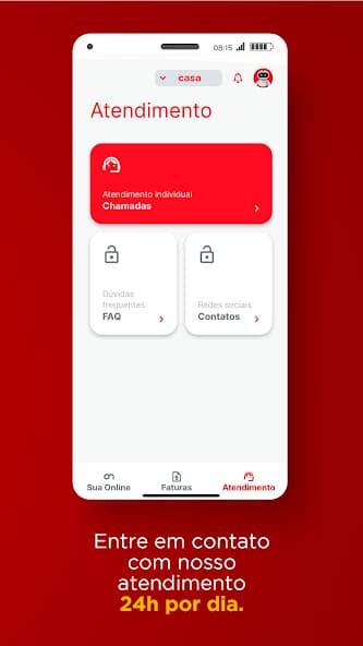 Tela de atendimento ao cliente do aplicativo Minha Online